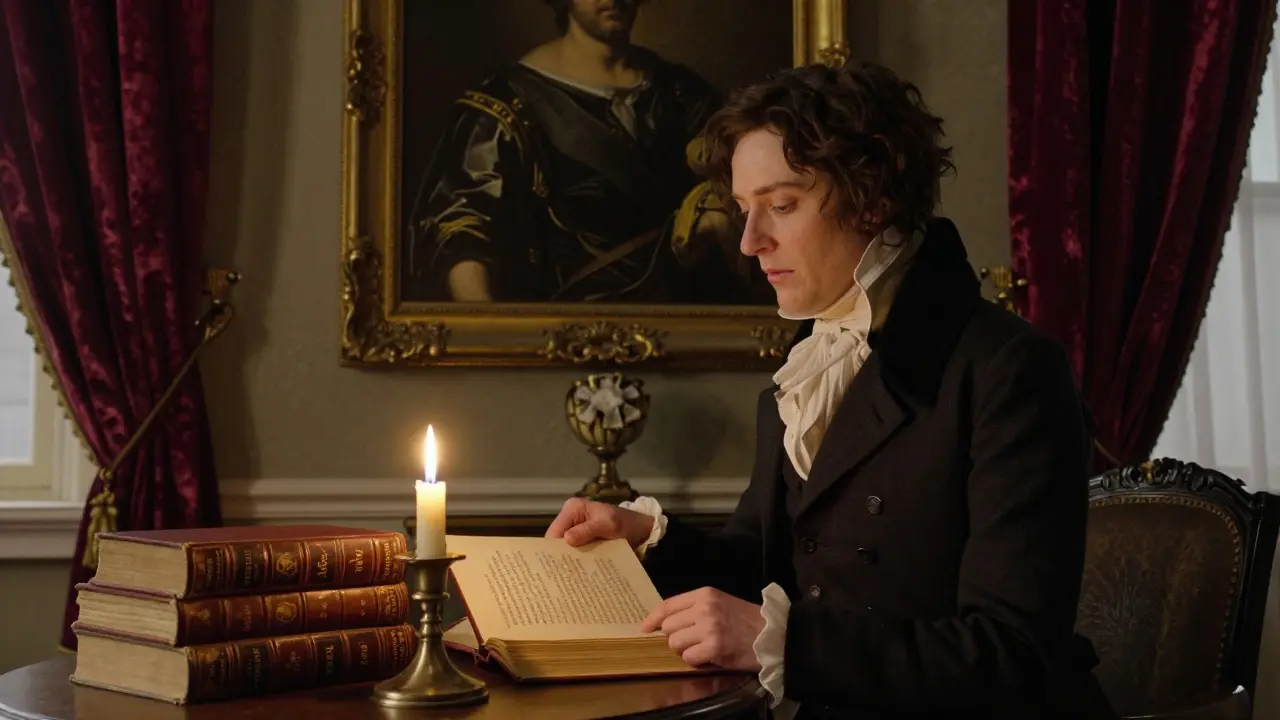 An escort listens intently to a client over candlelight, with a Keats poetry book and Caravaggio-style painting in the background.