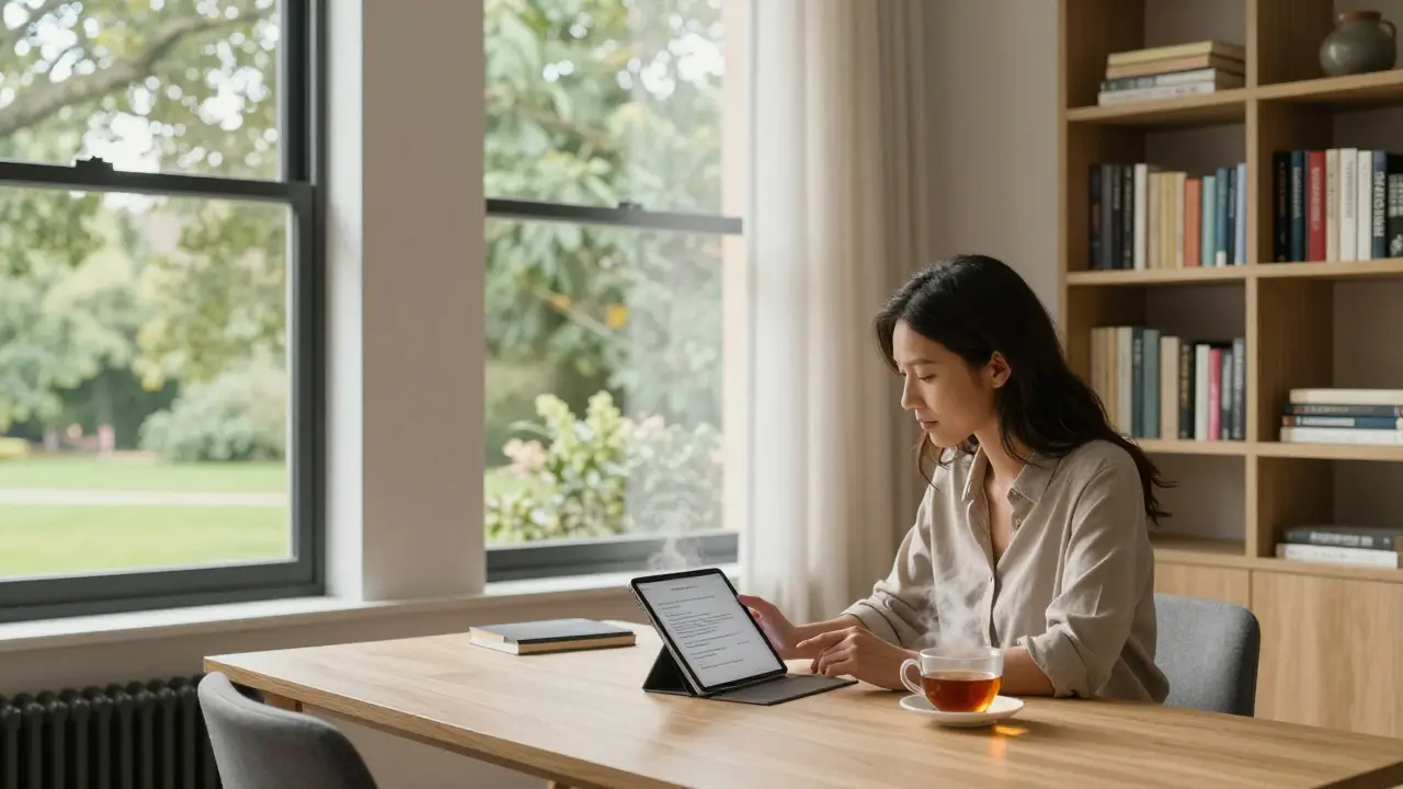 An independent escort working peacefully in a modern London apartment with books and tea.