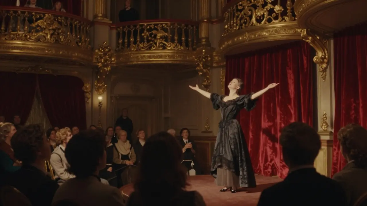 An intimate jazz club with gilded balconies and a singer performing under warm stage lights, audience lost in the music.