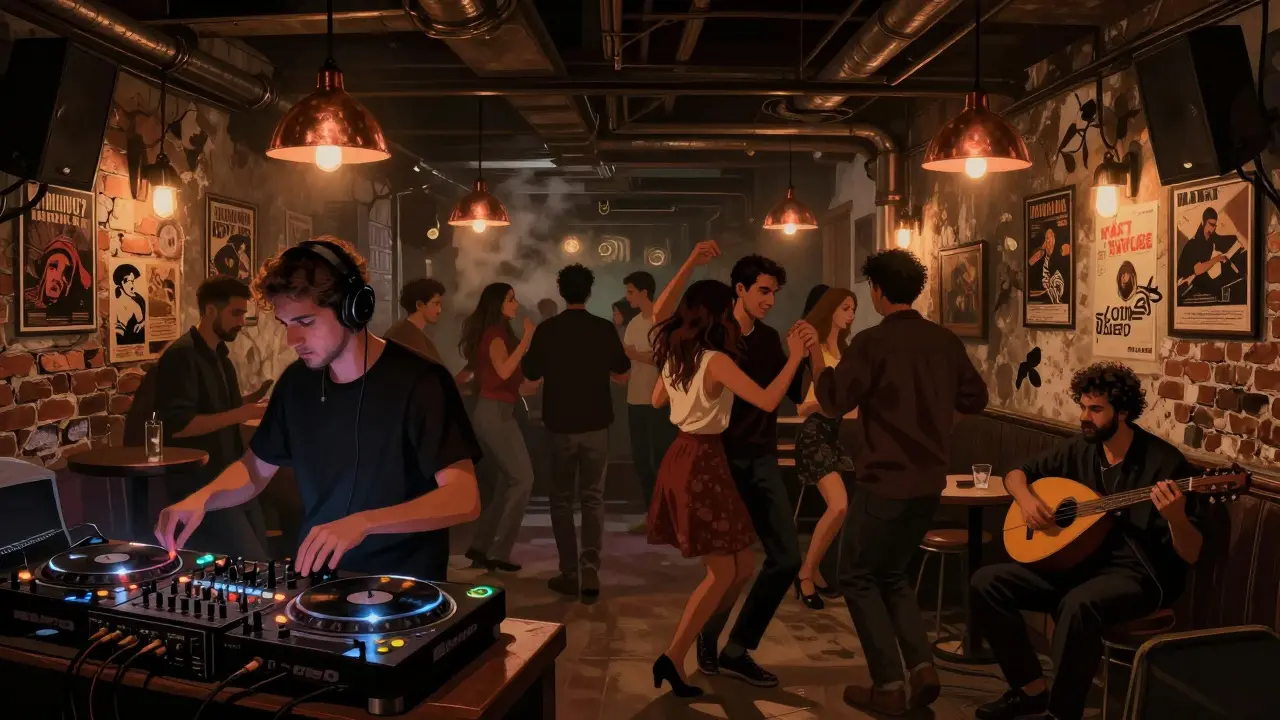 An underground bar in Galata with copper lamps, dancers, and a DJ blending Turkish folk music with techno beats.