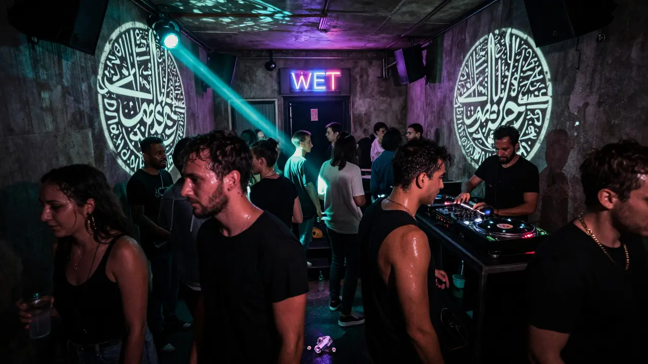 An underground club with a crowd dancing under strobe lights and projected calligraphy.
