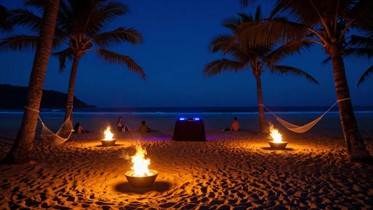 Beach club at midnight with fire pits, hammocks, and floating DJ booth under starry skies.