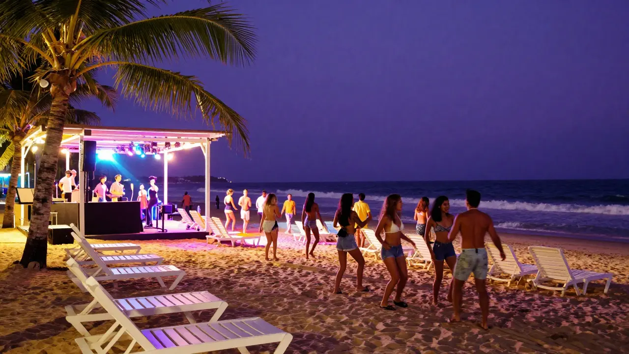 Beach club dance floor at midnight with neon palms and people dancing on sand.