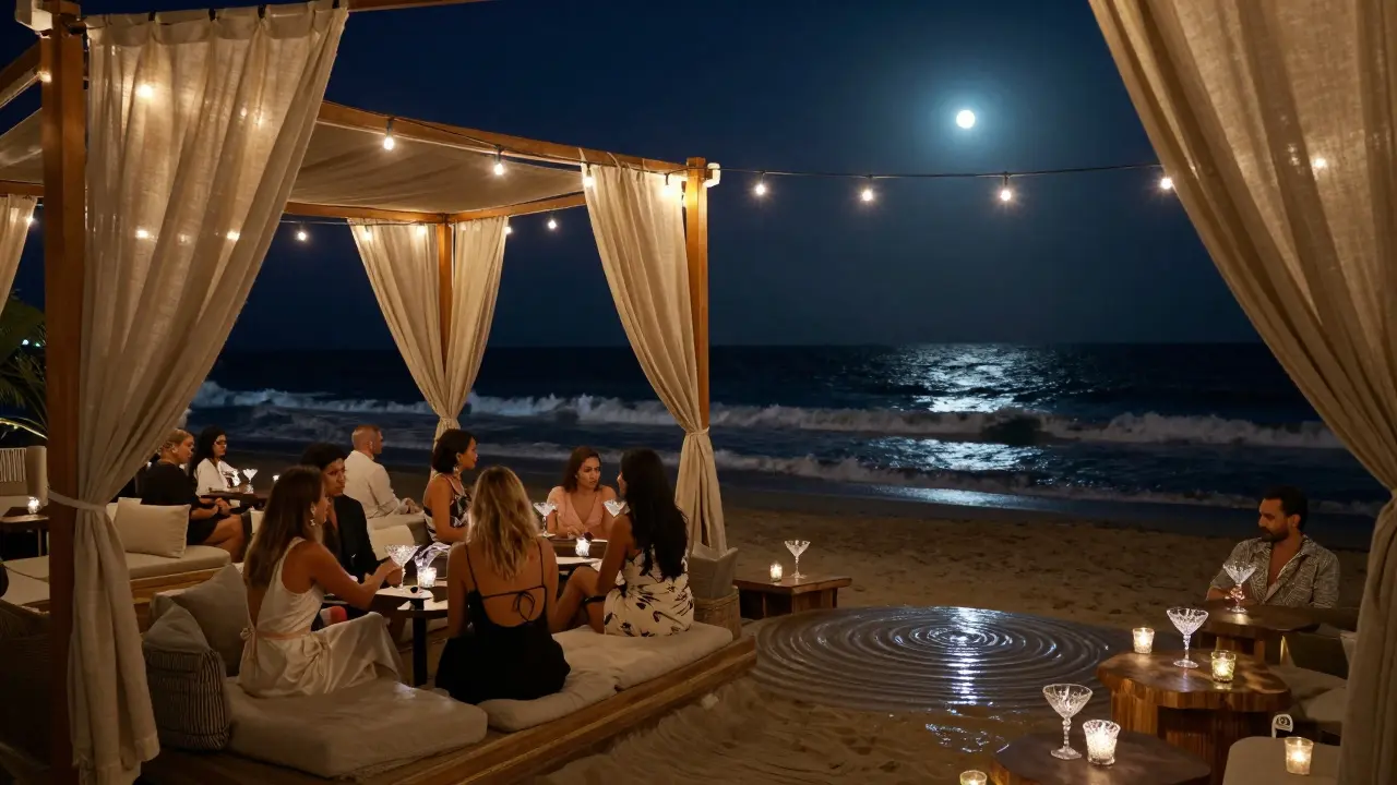 Beachside lounge at night with string lights, linen drapes, and guests enjoying drinks under the moonlight.