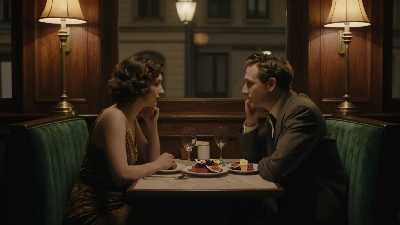Couple in a secluded booth at St. Georg, bathed in warm vintage lamp light with dark wood surroundings.