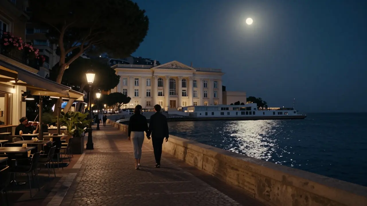 Couple strolling along moonlit waterfront path with lanterns and museum