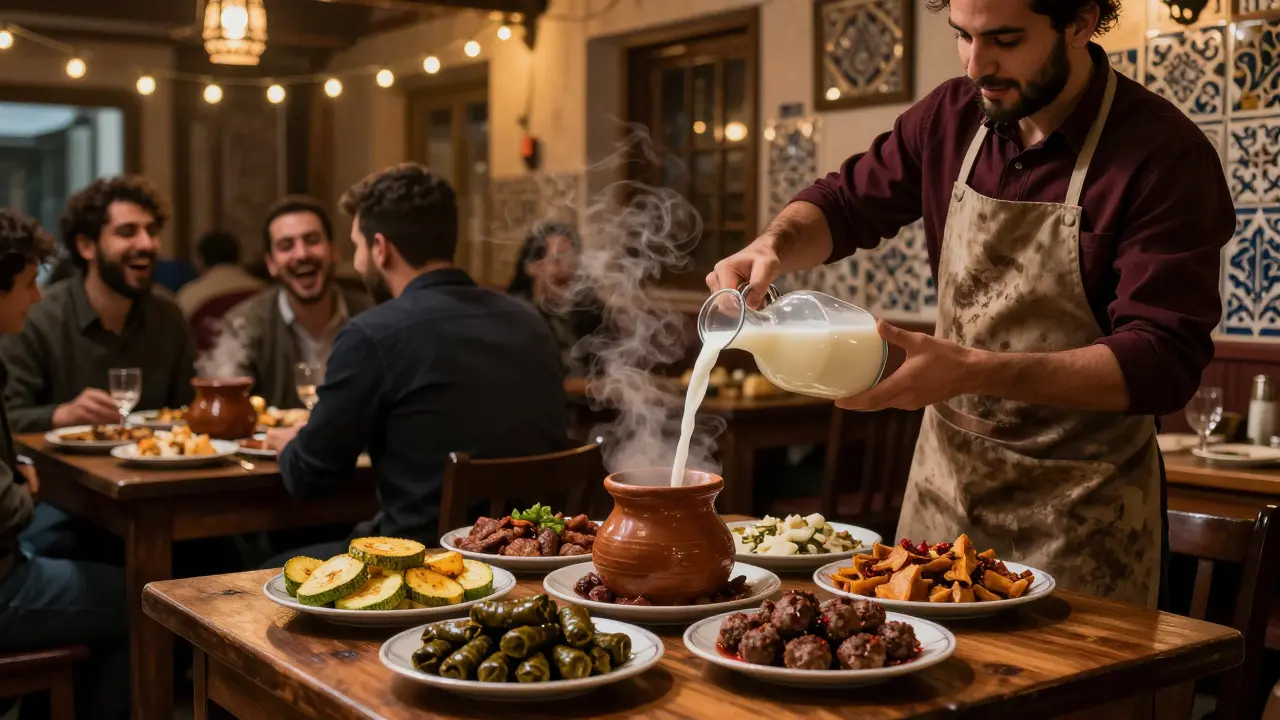 Cozy meyhane with locals enjoying rakı and meze under warm string lights.