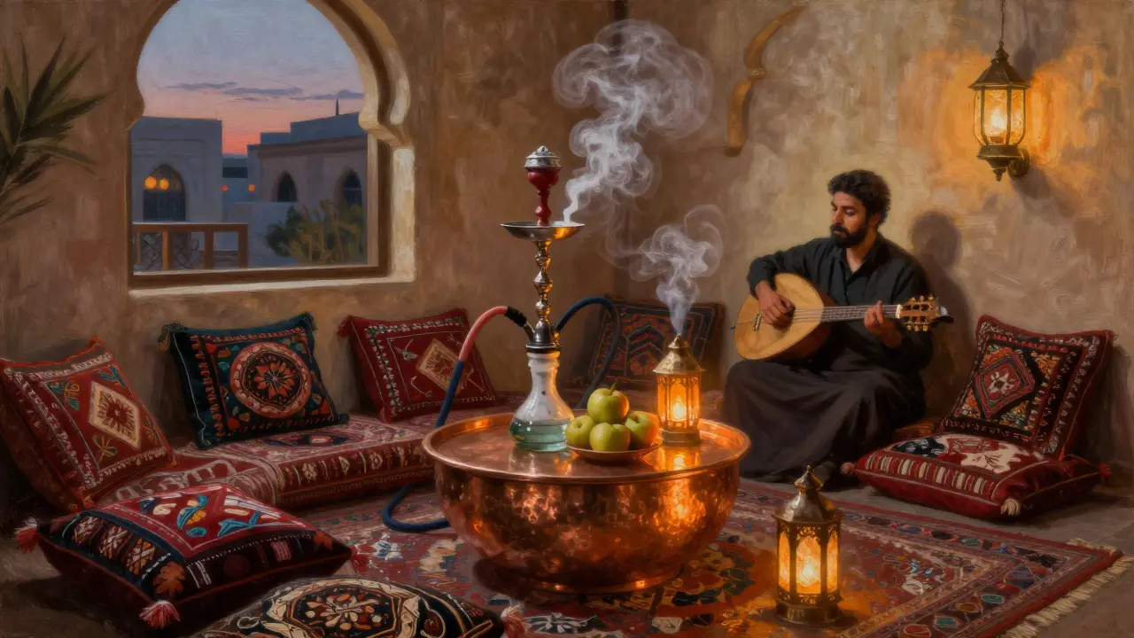 Cozy shisha lounge with embroidered cushions, lanterns, and a musician playing oud.