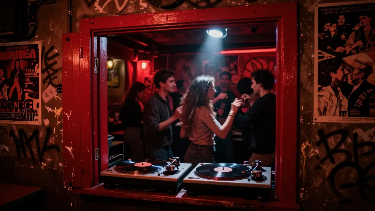 Dim basement jazz club with vinyl turntables and crowded dancers under red lighting.