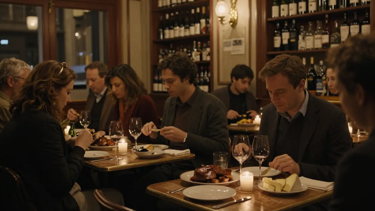 Diners enjoying French cuisine in a warm, candlelit restaurant interior