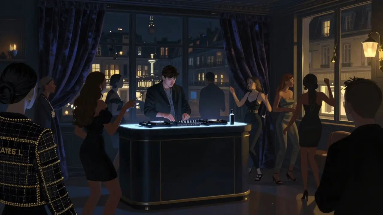 Elegant club scene with people dancing under soft lights, hints of Parisian style and vintage decor.