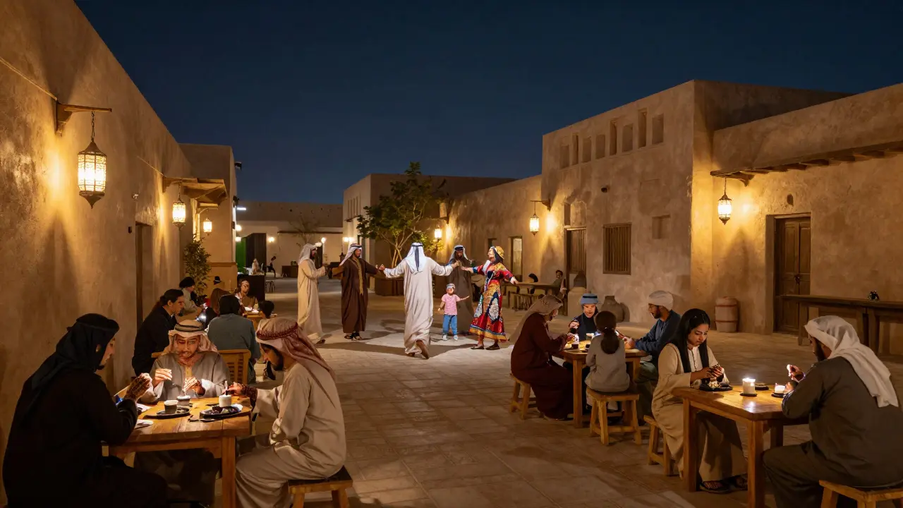 Families exploring a lantern-lit heritage village with traditional dancers and henna artists under the stars.