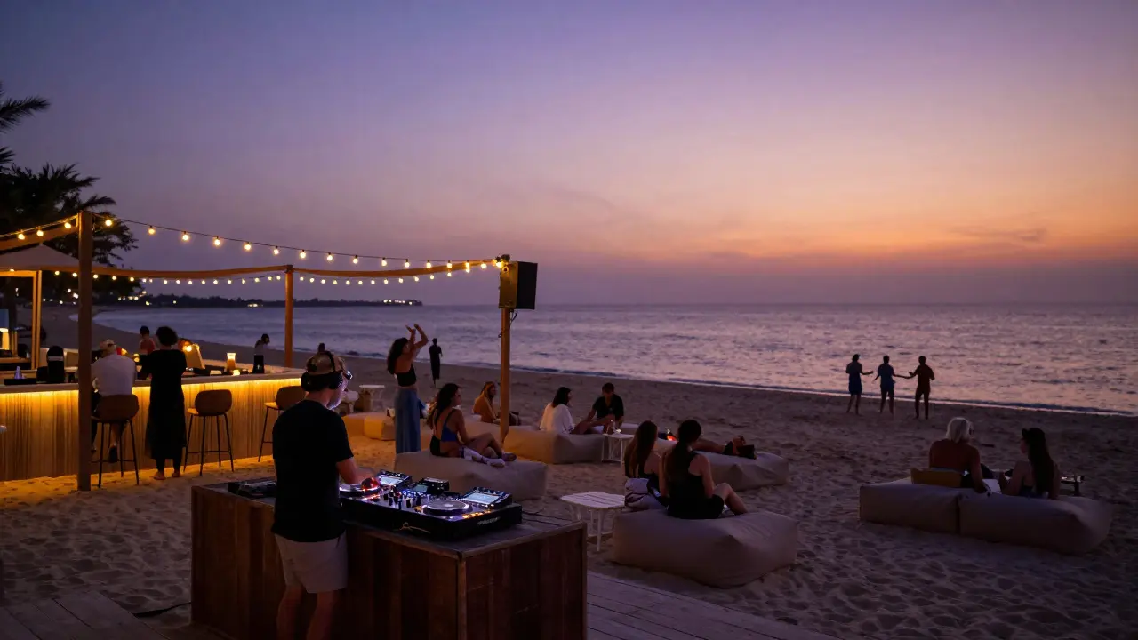 Guests relaxing on beach daybeds at Yas Beach Club under string lights as the sun sets over the Arabian Gulf.