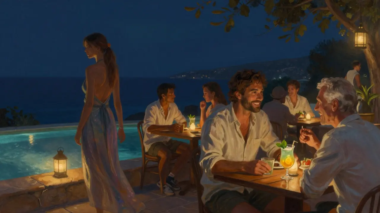 Guests socializing at Blue Bay rooftop terrace with cocktails and sea view under soft evening lights.