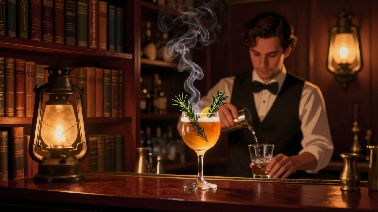 Hidden speakeasy bar behind a bookshelf, bartender mixing a cocktail under warm lantern light.