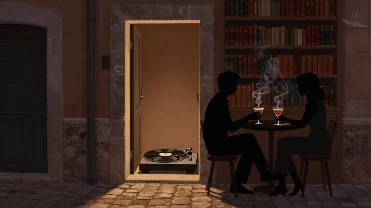 Hidden speakeasy door in an old town alley, glowing softly with vinyl records and intimate shadows inside.