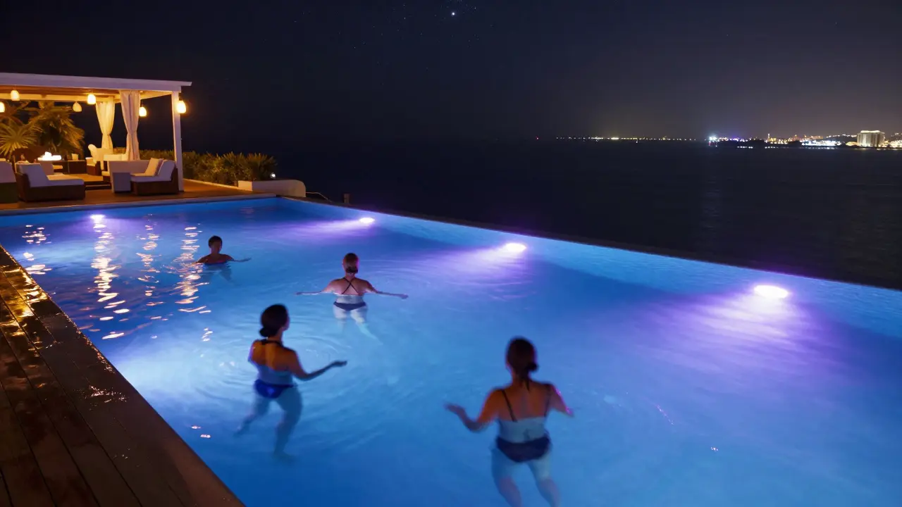 Infinity pool at Cielo Sky Lounge glowing with blue and purple lights, mirroring the night sky and floating guests in soft focus.