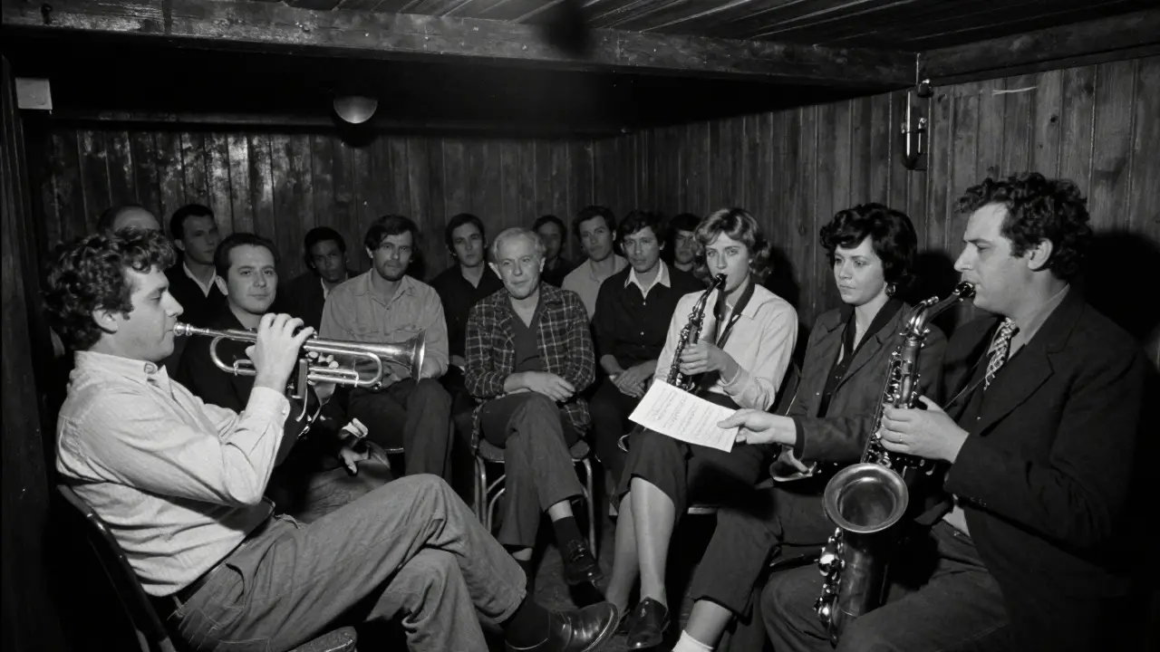 Intimate jazz cellar performance with musician handing a napkin to a guest.