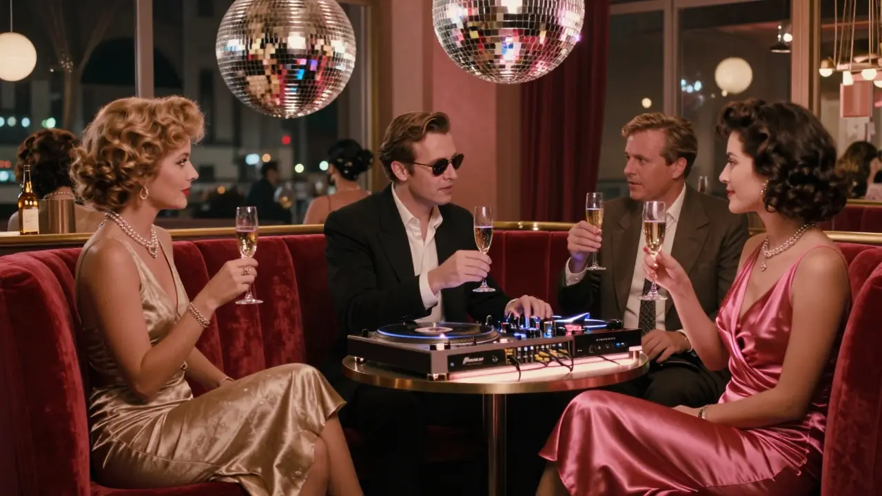 Luxurious bar with velvet booths and disco ball, guests in elegant attire sipping champagne.