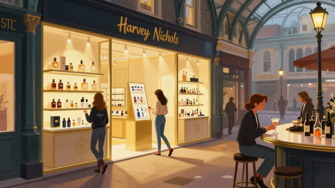 Luxury beauty section in Covent Garden with a customer customizing jeans and sipping a cocktail under soft lights.