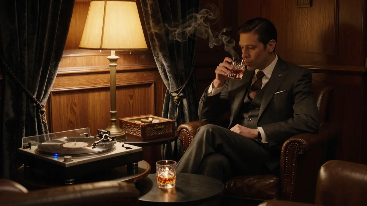 Luxury lounge with velvet drapes and jazz turntable, man sipping cocktail in dim light.