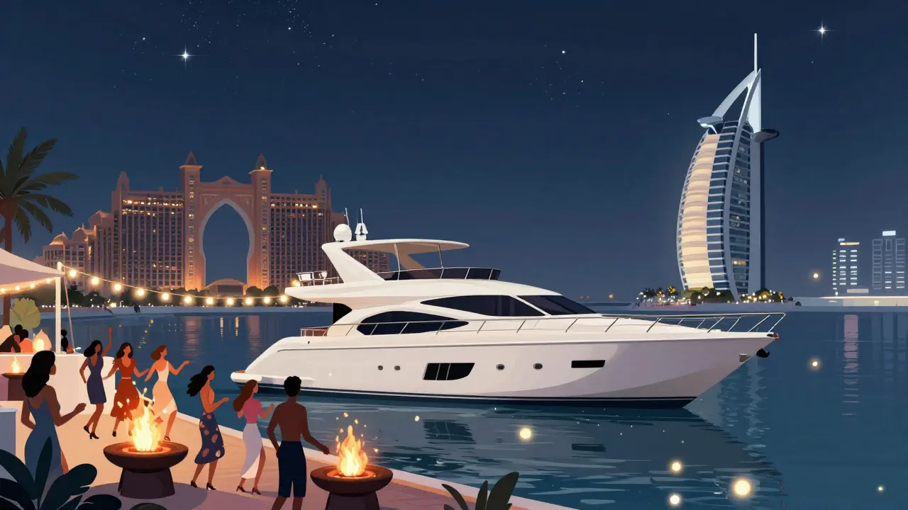 Luxury yacht party on Dubai Marina under starry skies with fire pits and glowing lights on the water.