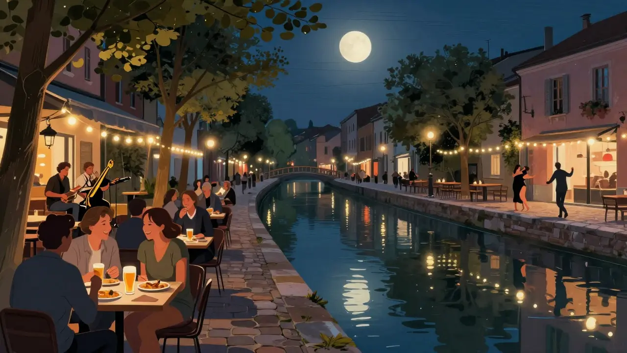 Navigli canals at night with string lights, people dining and dancing on cobblestones under the stars.