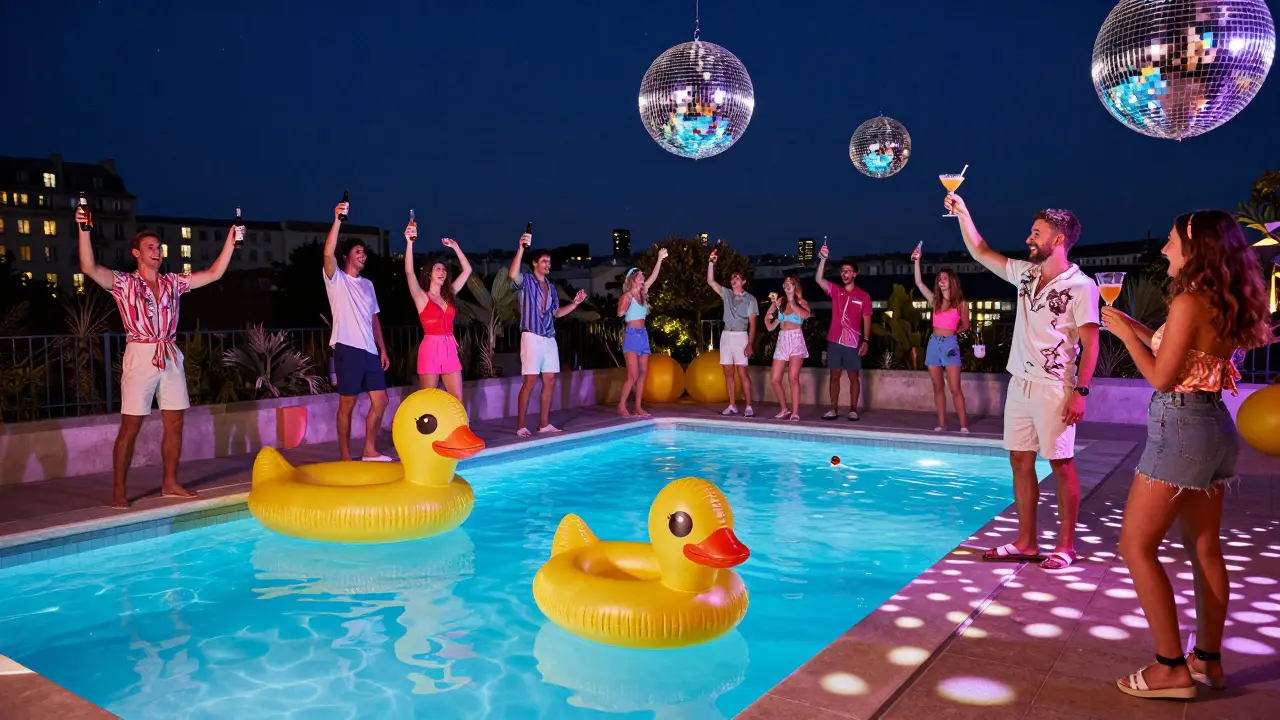 Neon-lit pool party with people floating on inflatables, city skyline in background under night sky.