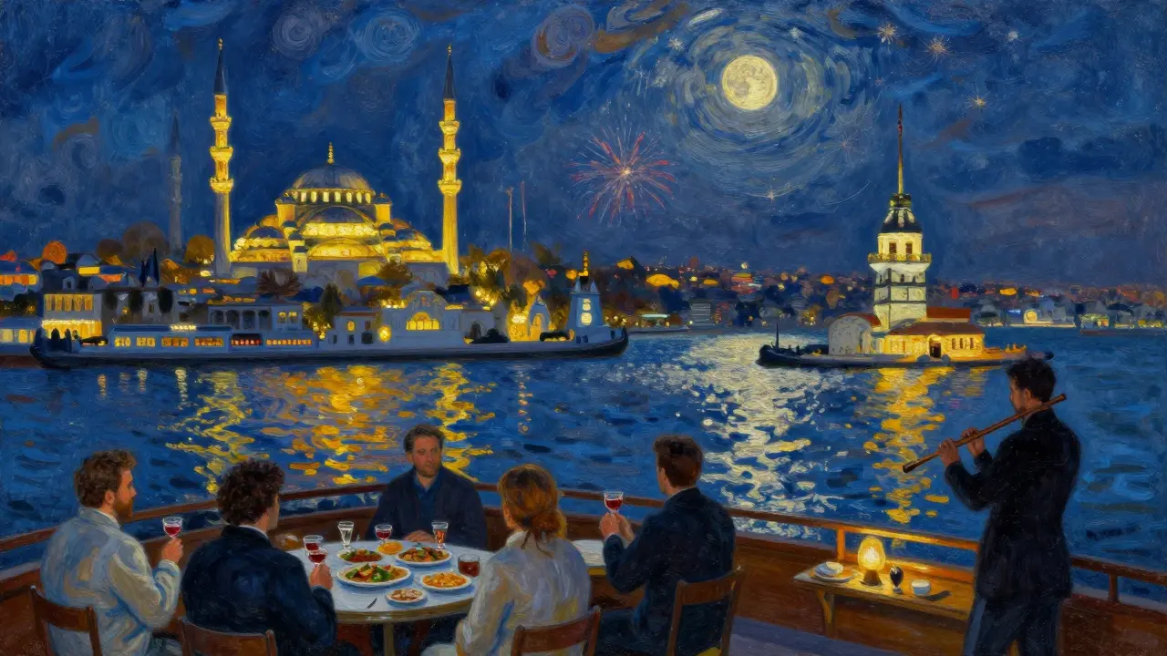 Night cruise on the Bosphorus with illuminated palaces and fireworks reflecting on water.