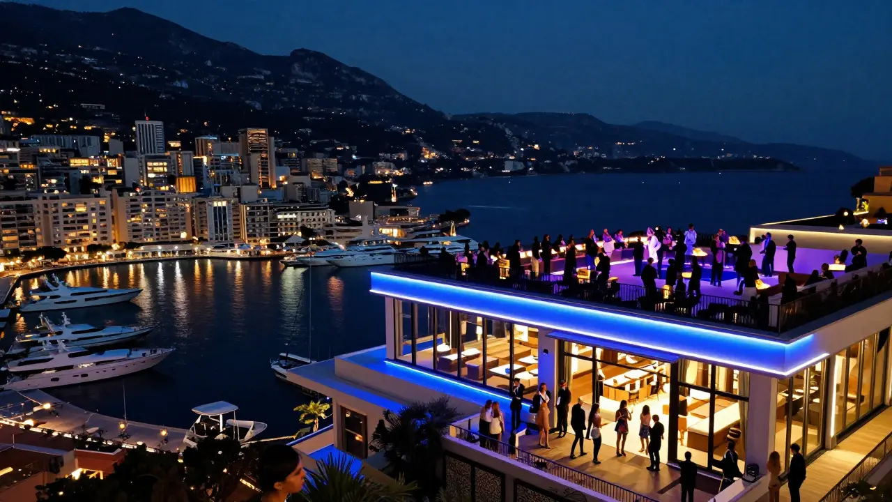 Nighttime harbor view of L’Aerocar nightclub with glowing windows and dancing silhouettes against the Mediterranean sea.