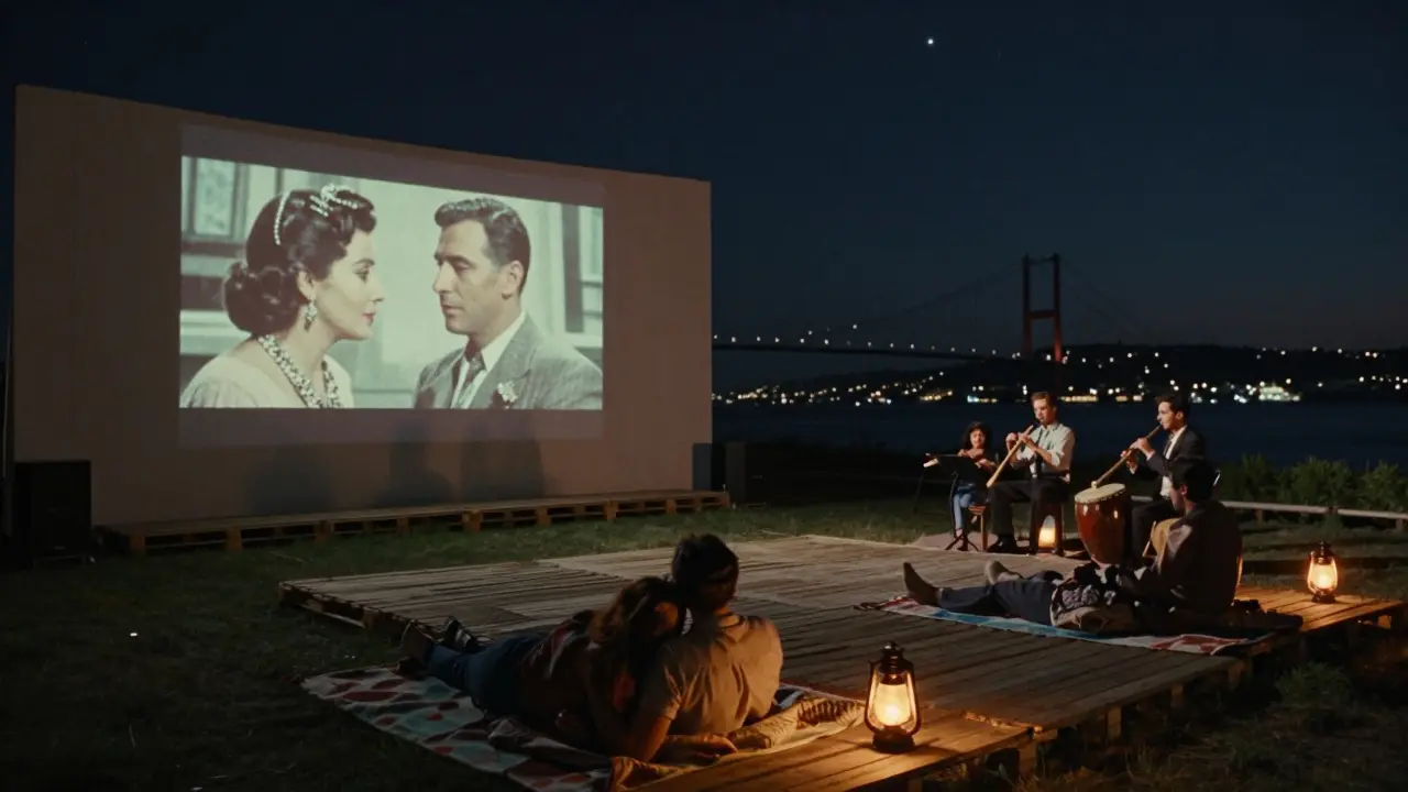 Open-air cinema night in Istanbul with couples watching a film under stars while a live band plays nearby.