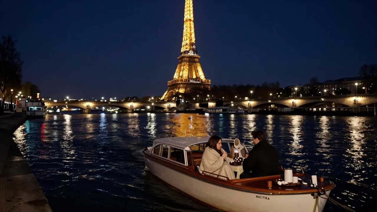 Private boat on the Seine at night, couple under a blanket as city lights reflect on the water.