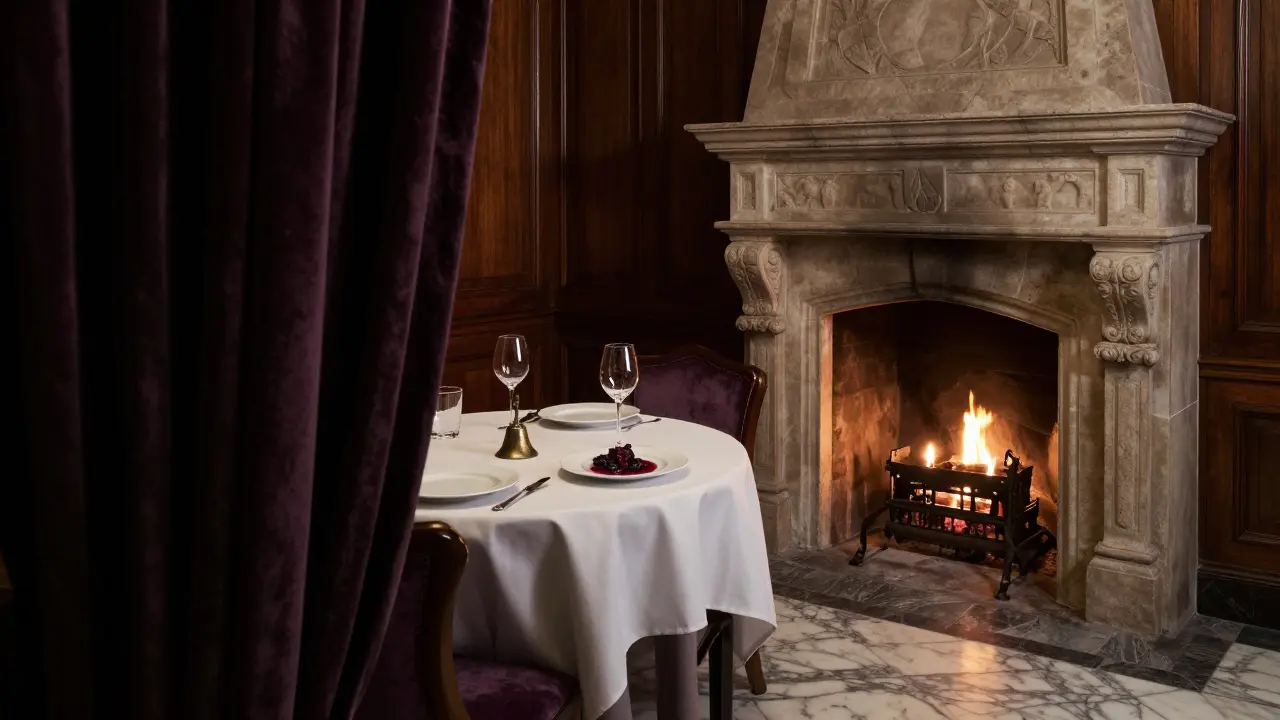 Private dining alcove at Alte Kanzlei with fireplace, velvet curtains, and candlelit table for two.