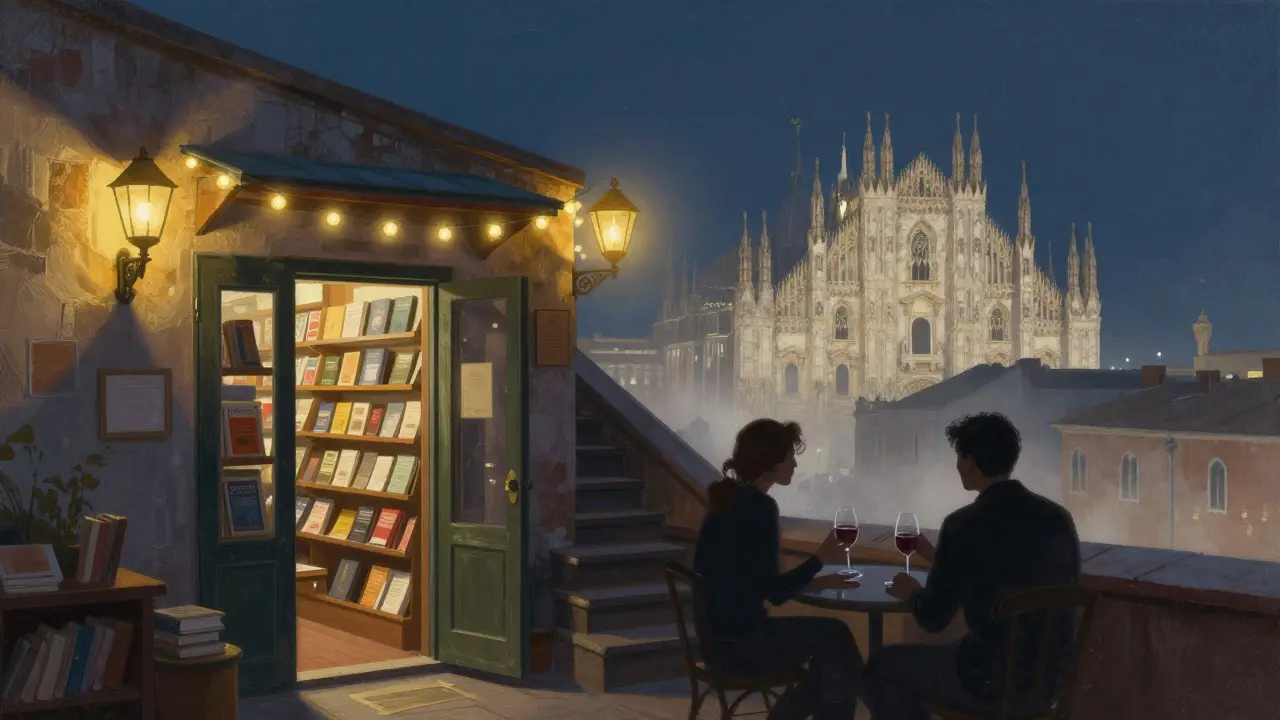 Quiet rooftop terrace above a bookshop with view of Milan's Duomo at night.