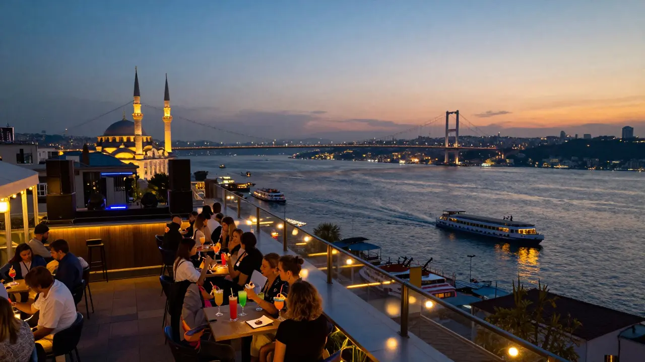 Rooftop bar at Clima overlooking the Bosphorus with glowing ferries and city lights at twilight.