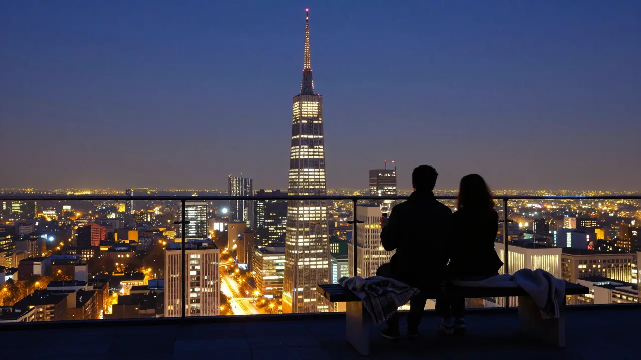 Silhouetted couple on Torre Branca observation deck, Milan’s skyline glowing below at midnight.