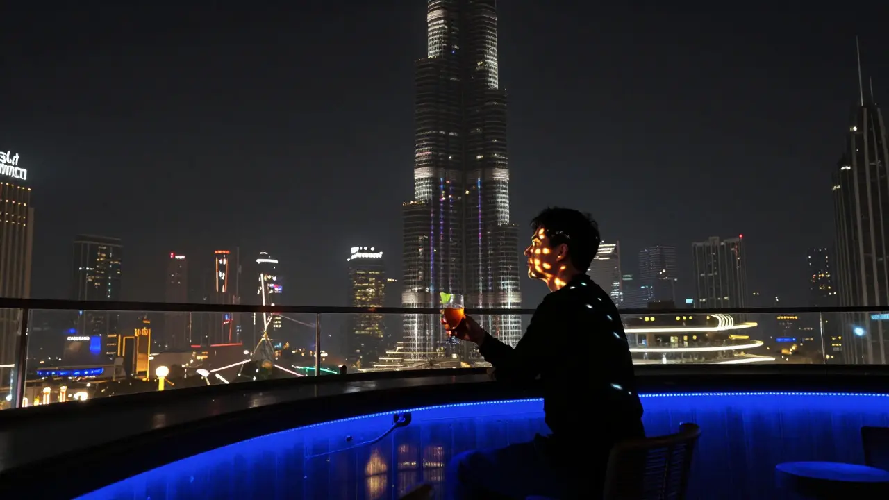 Silhouetted person at Skyview Bar with colorful light reflections from Burj Khalifa dancing across their face and drink.