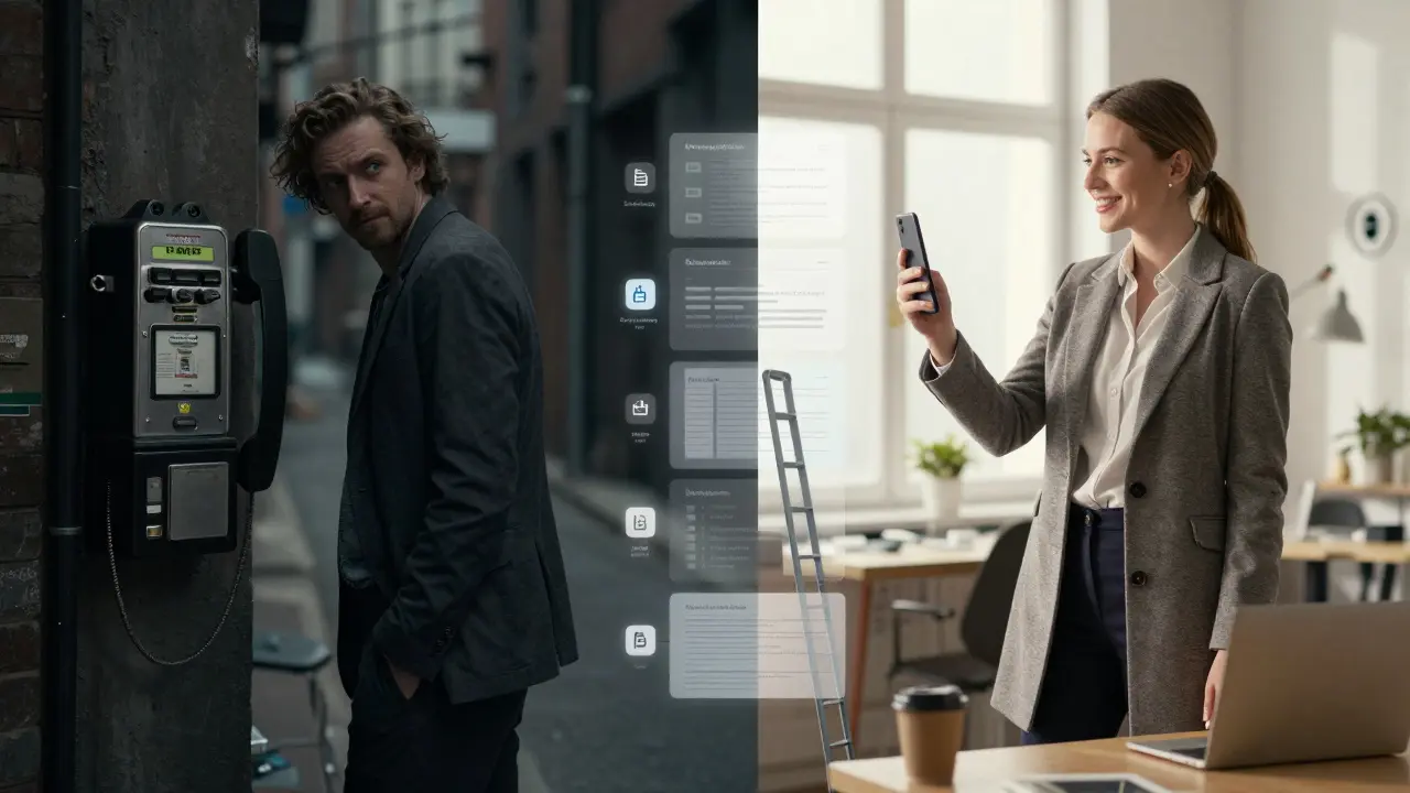 Split image contrasting 2003 secrecy with modern professionalism: shadowy alley versus sunlit co-working space with digital tools.