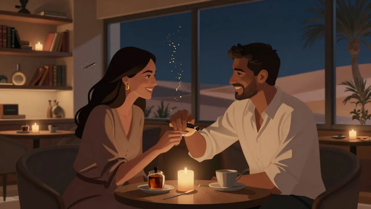 Subtle hand touch in a quiet Dubai hotel lounge, candlelight, intimate moment, no words or gestures beyond quiet connection.