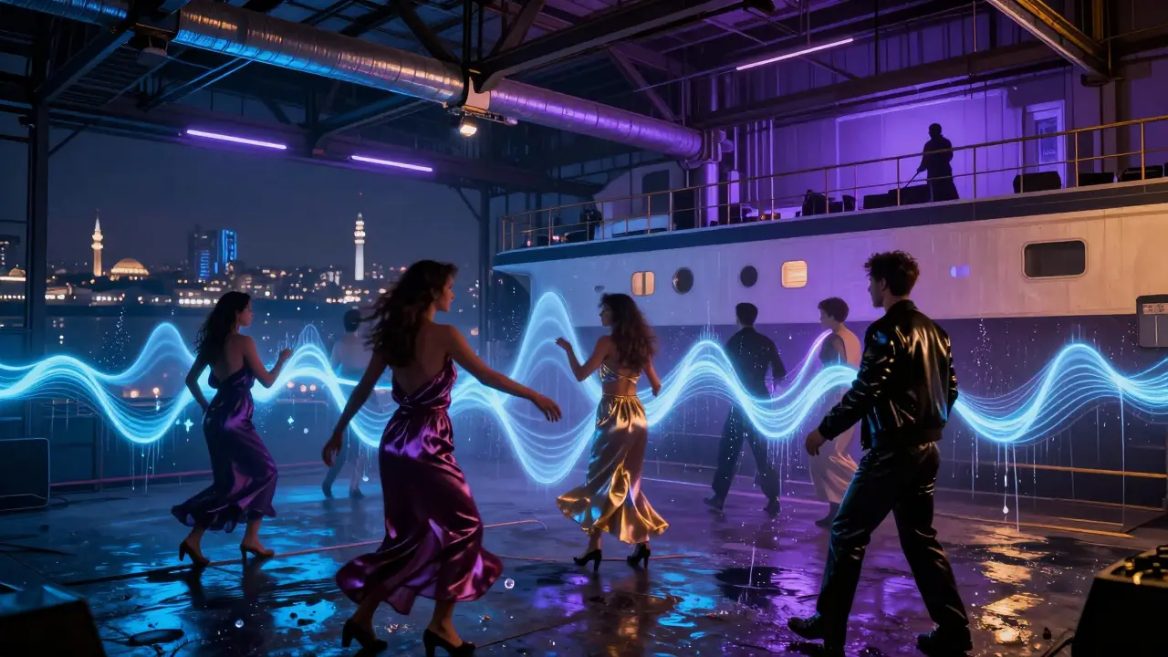 Surreal nightclub scene with visible bass waves and dancers under industrial neon lights.