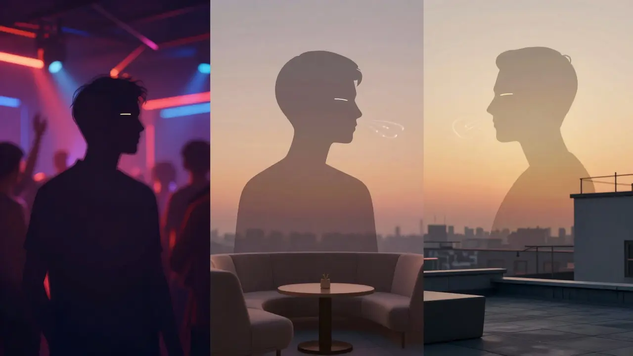 Three abstract figures in different settings showing how environment affects perceived attraction, quiet space glowing brightest.
