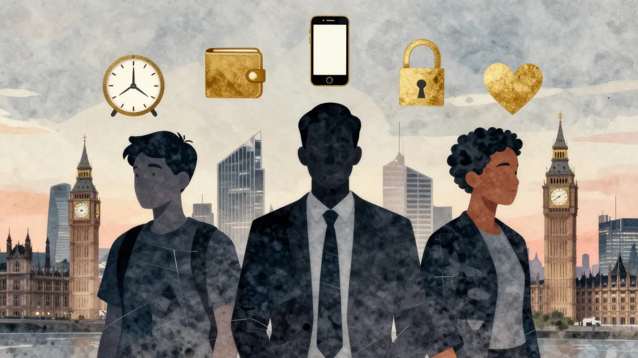 Three diverse individuals silhouetted against a fragmented London skyline, surrounded by symbolic icons of work, time, and emotion.
