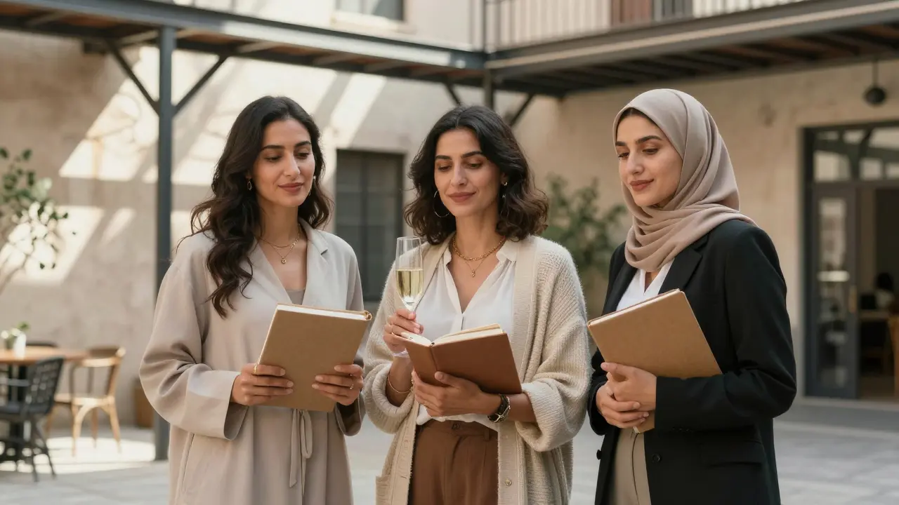 Three intelligent women stand together in an art district courtyard, each holding a book or object, exuding quiet confidence and cultural depth.