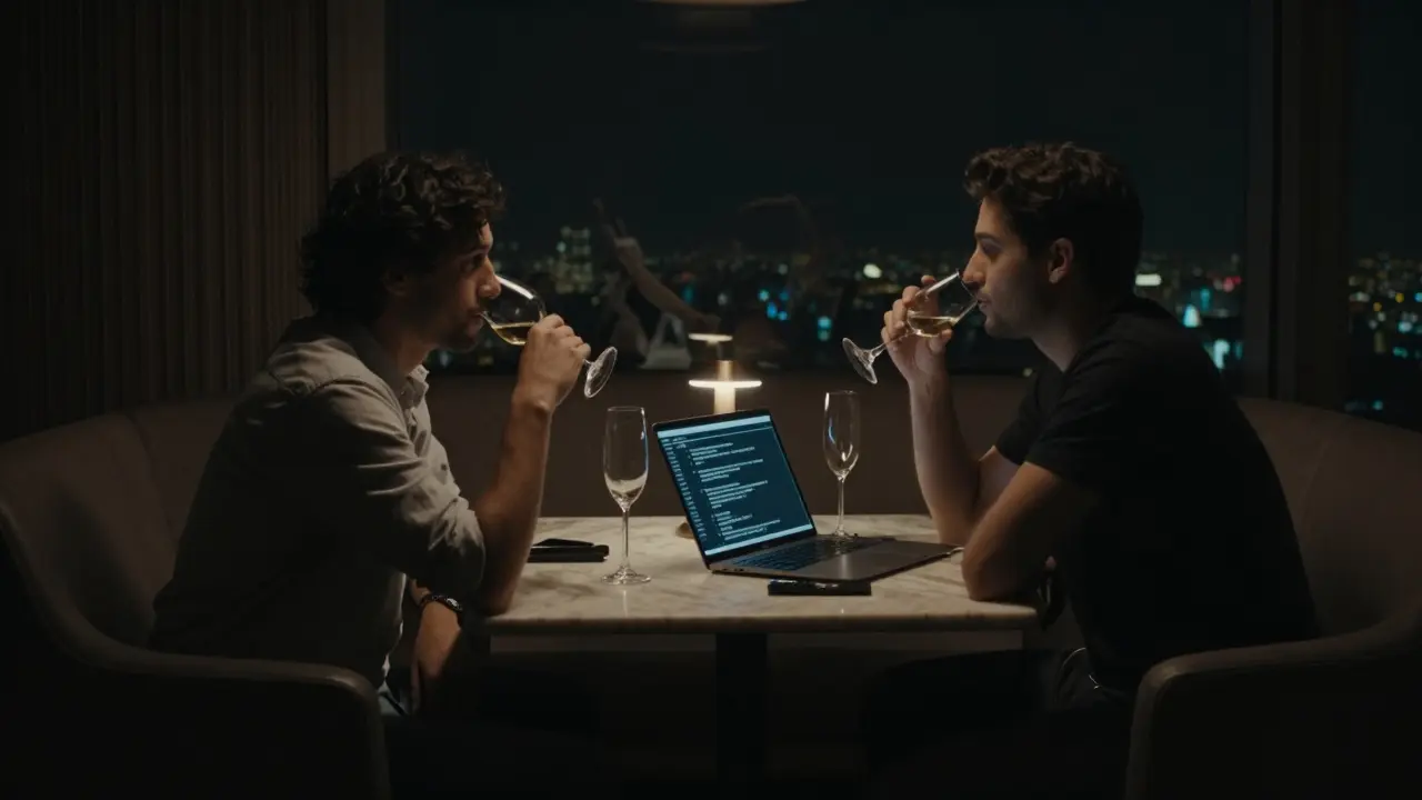 Two figures in a dim penthouse lounge engaged in quiet conversation, no faces shown.