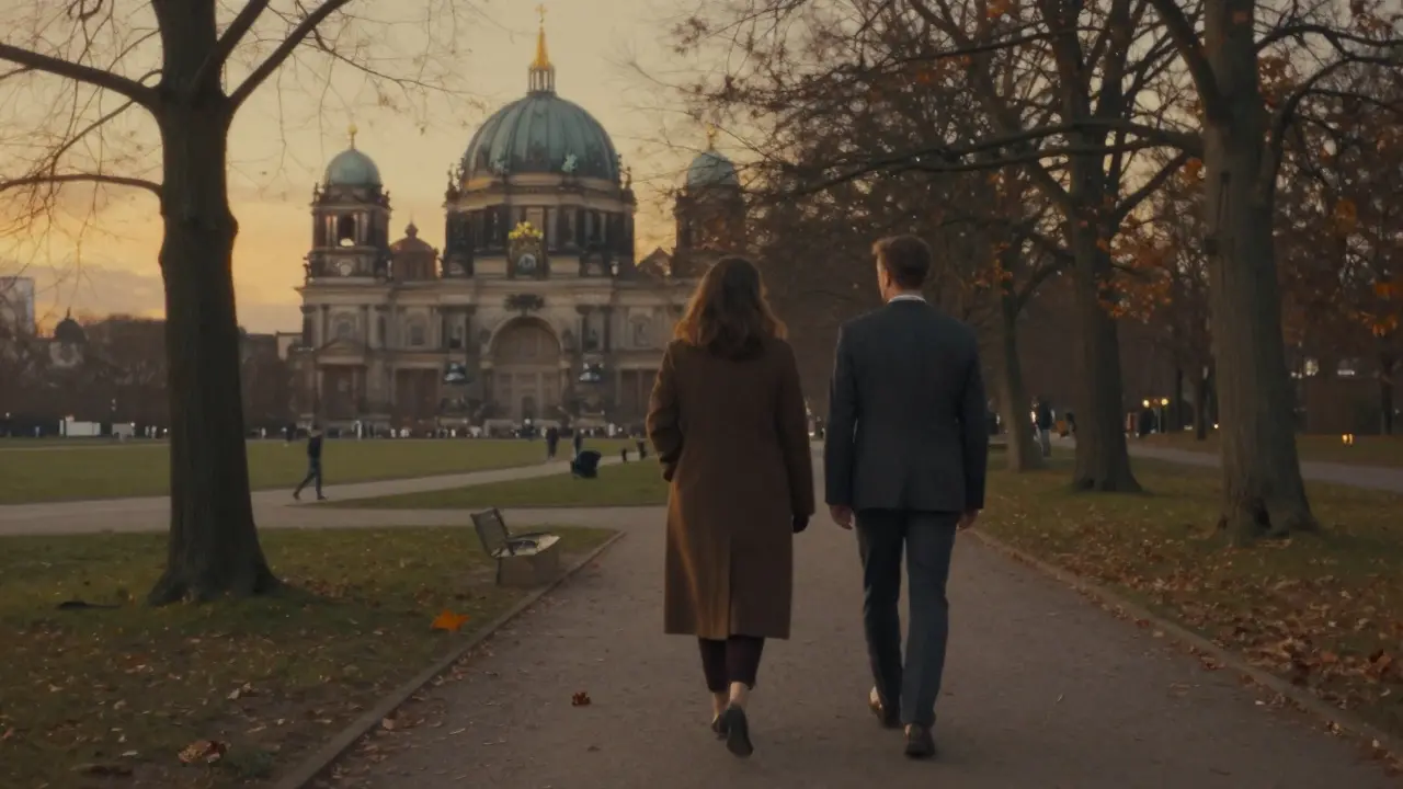 Two figures walk side by side through Tiergarten Park at dusk, sharing quiet companionship in the golden light.