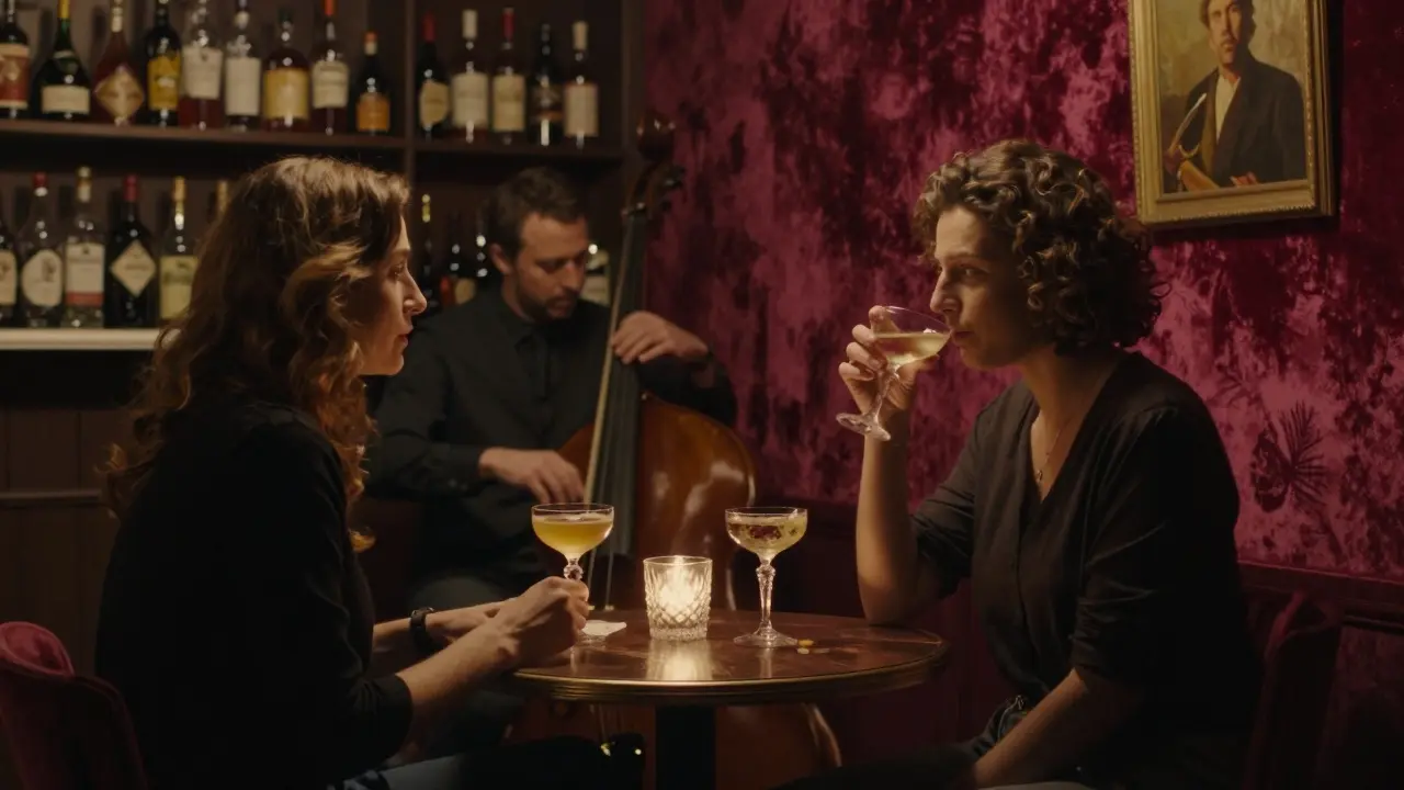 Two people enjoying rare cocktails in a velvet-walled jazz salon with low lighting and no phones visible.