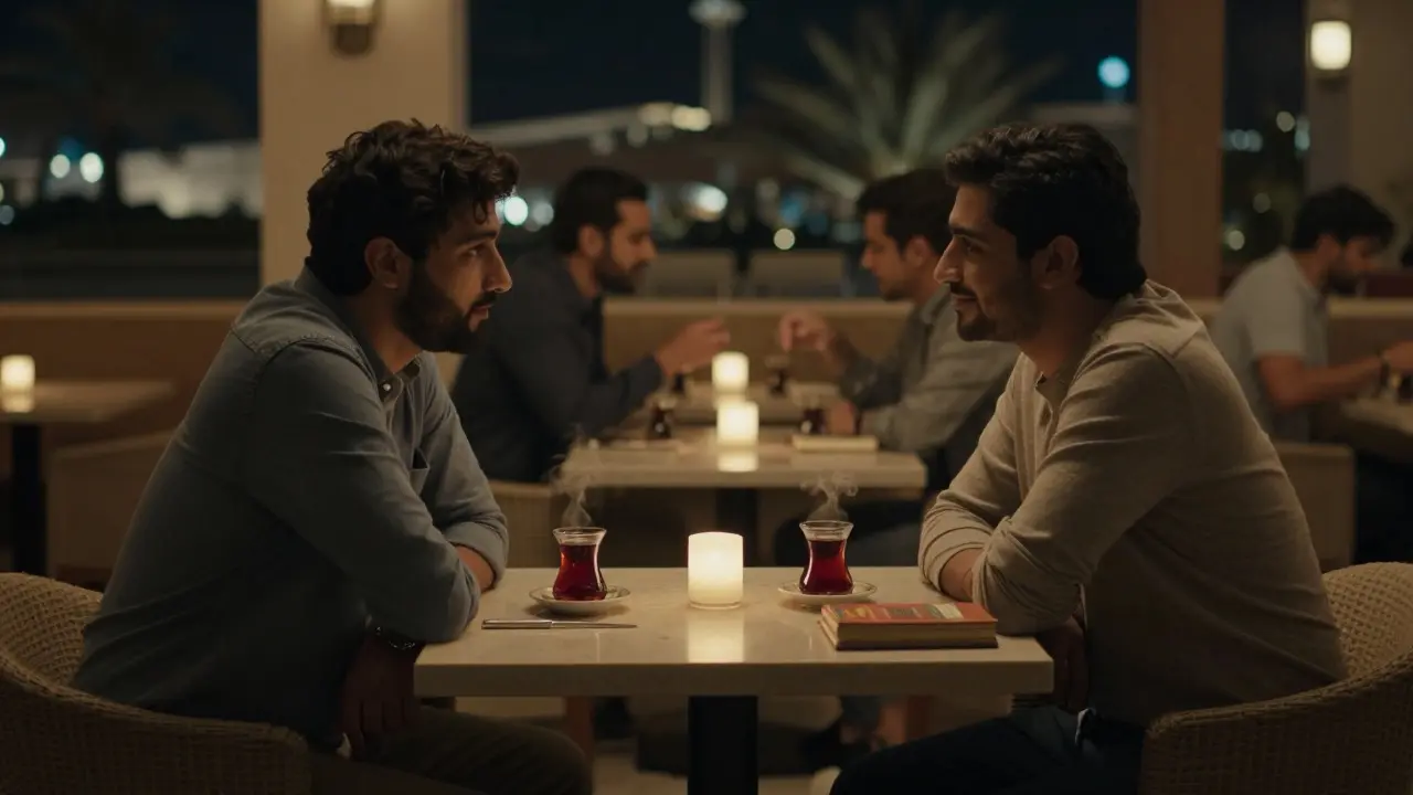 Two people having a quiet, respectful conversation in a cozy Abu Dhabi café with tea and candlelight.