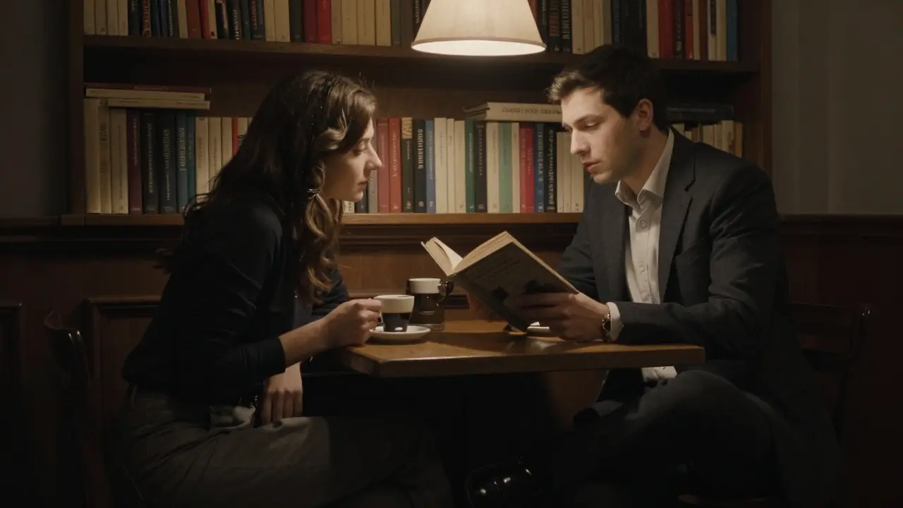 Two people sharing espresso in a cozy Brera bookshop corner, engaged in thoughtful conversation.