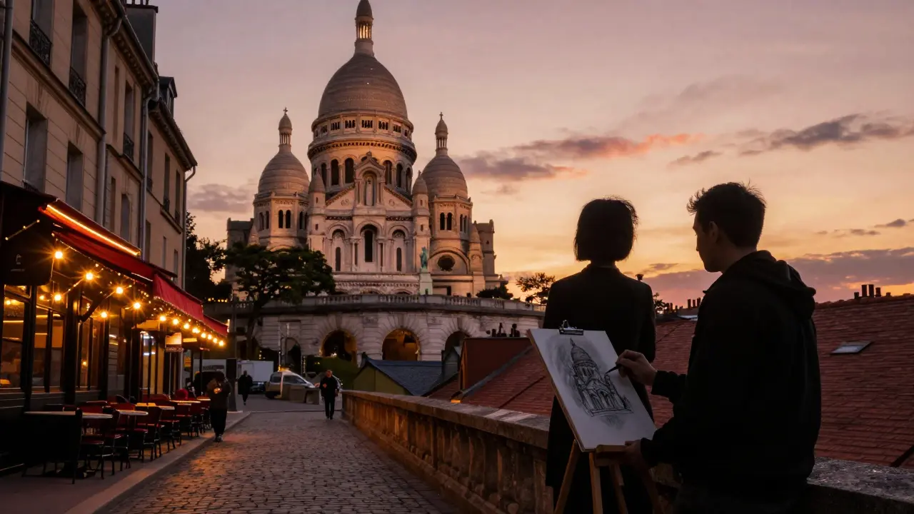 Two people silhouetted on Sacré-Cœur steps at sunset, Eiffel Tower sparkling in the distance behind them.