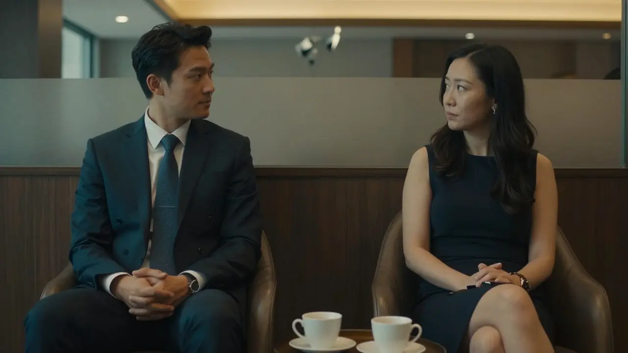 Two people sit quietly in a hotel lobby, speaking cautiously with no physical contact.